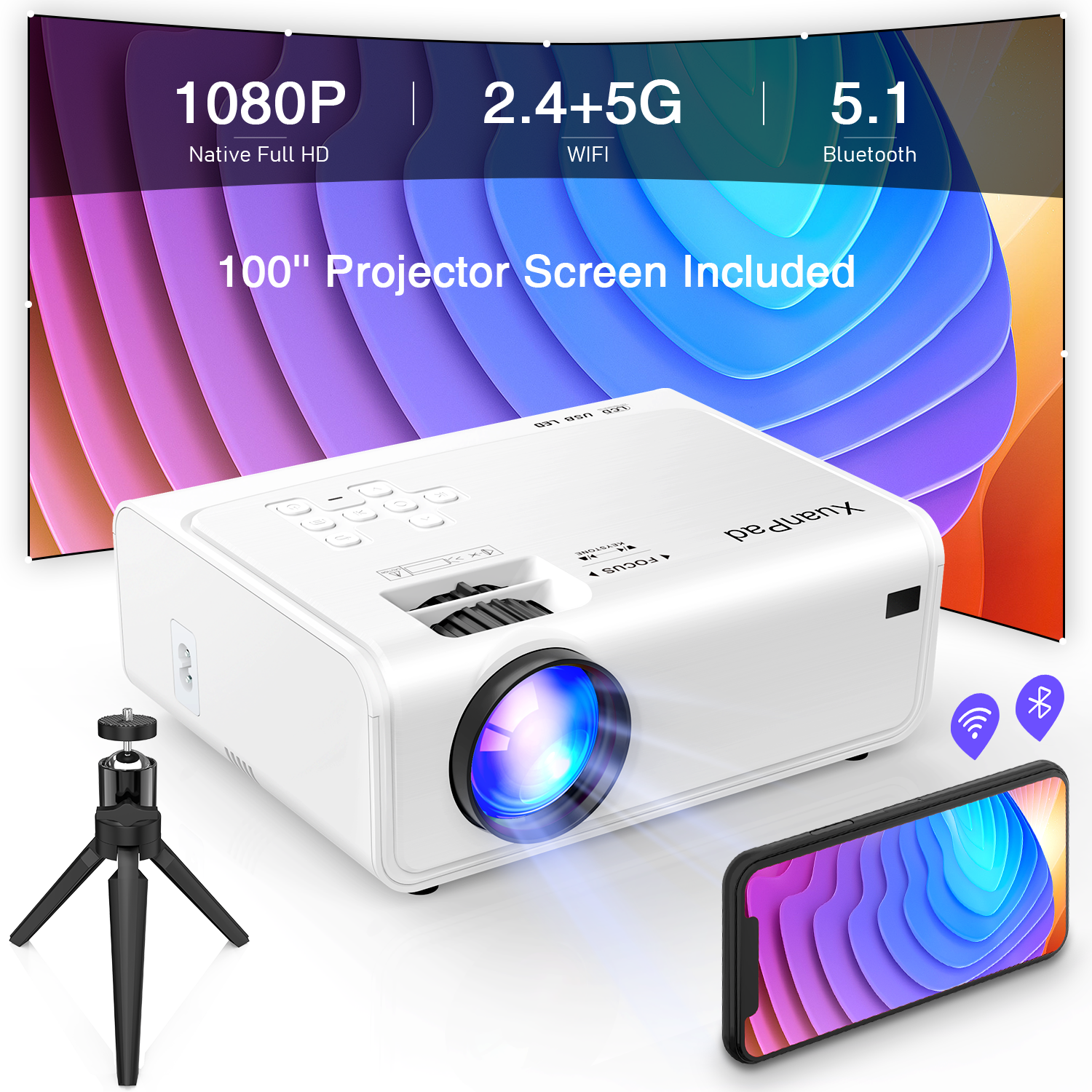 Projecteur Bluetooth WiFi 5G, Full HD 1080P natif, 10 000 lumens